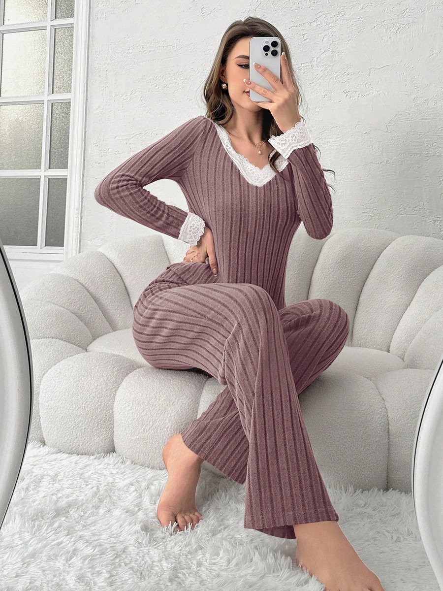 Regular Fit V Neck Simple Plain Two-Piece Set