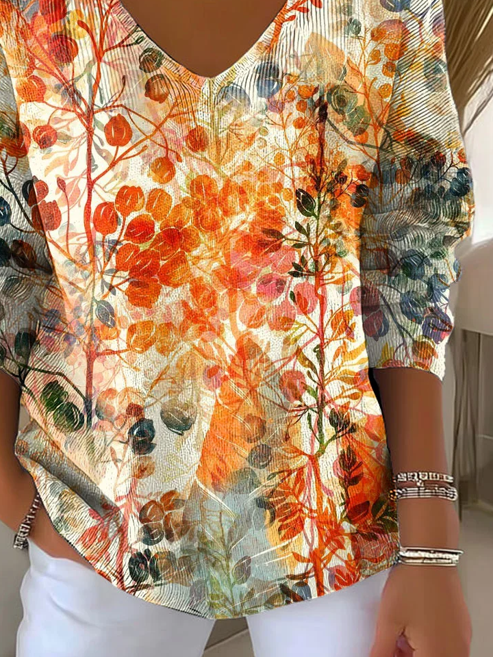 Women's Long Sleeve T-shirt Spring/Fall Orange Floral Printing V Neck Daily Going Out Casual Top