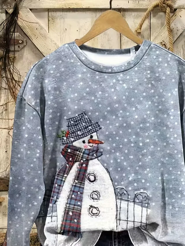 Casual Printing Crew Neck Christmas Snowman Sweatshirt