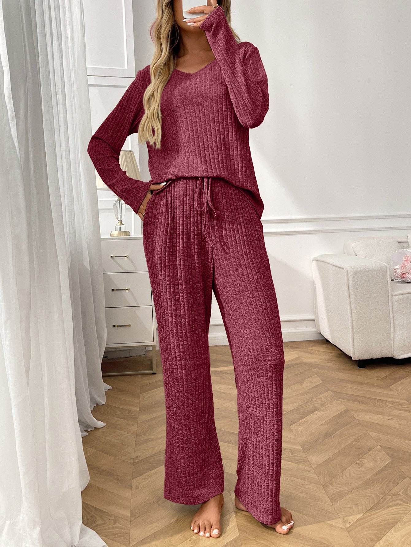 Simple Regular Fit V Neck Plain Two-Piece Set