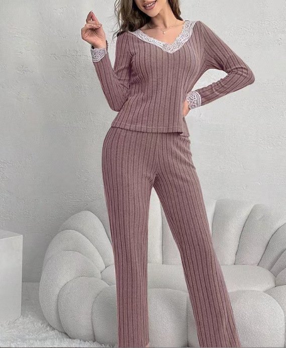 Regular Fit V Neck Simple Plain Two-Piece Set