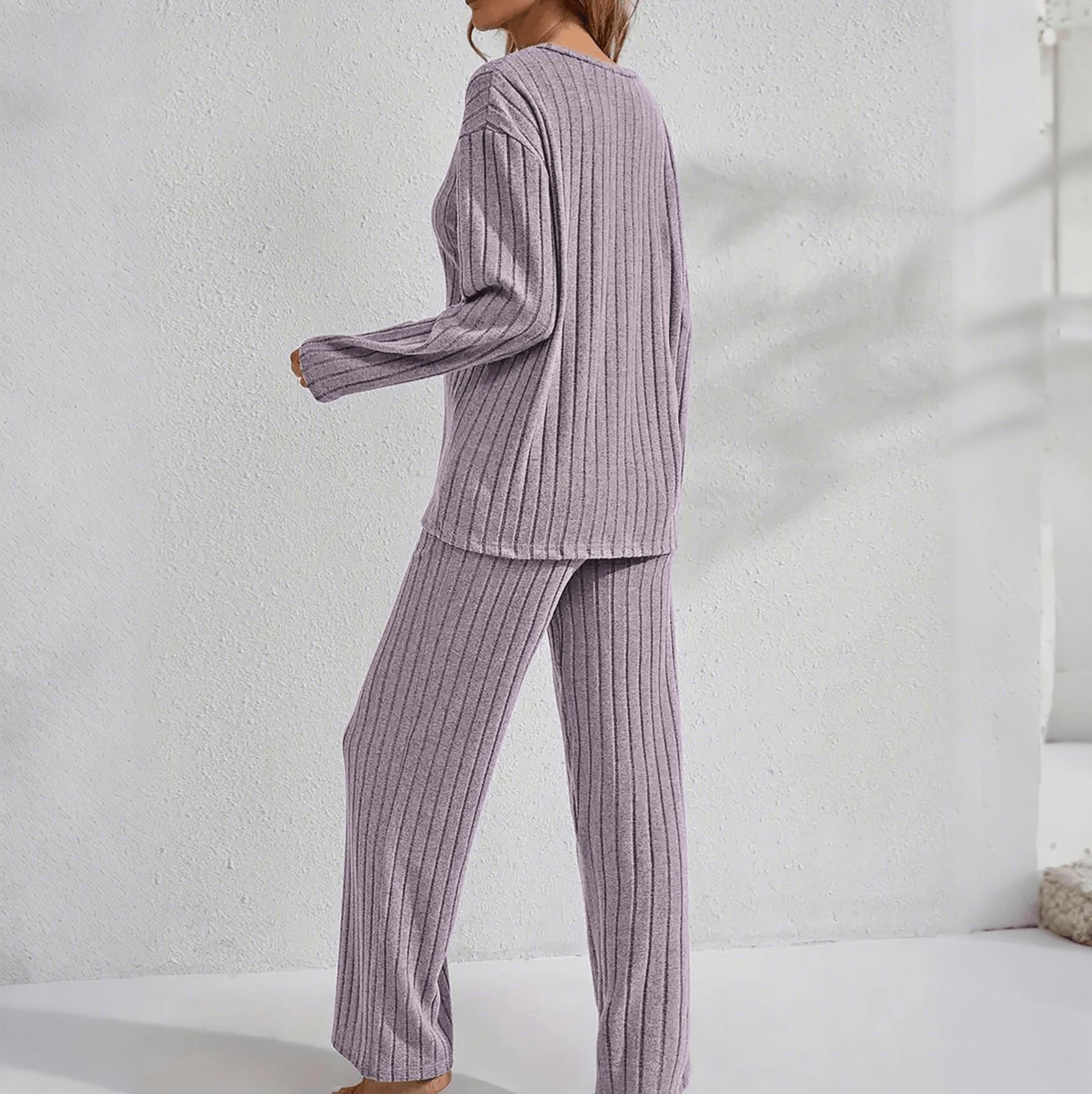 Autumn And Winter Warm Light Purple Knitted V-Neck Button Cardigan Ribbed Long-Sleeved Trousers Home Good Sleep Two-Piece Set