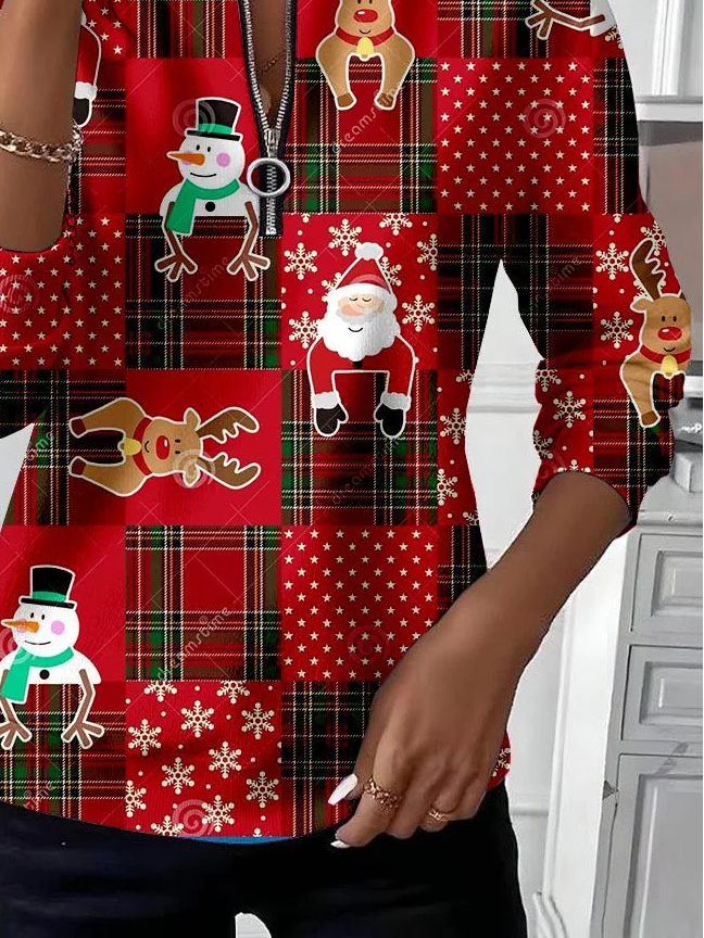 Women's Christmas Print Casual Zip-Up Long Sleeve Sweatshirt