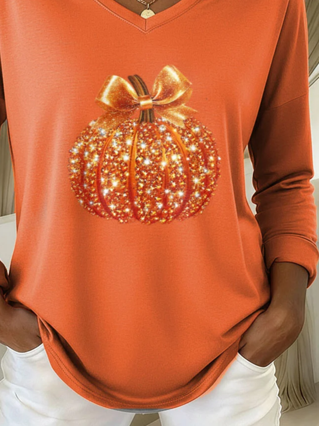 Women's Long Sleeve T-shirt Spring/Fall Orange Halloween (pumpkin) Printing Jersey V Neck Daily Going Out Casual Top