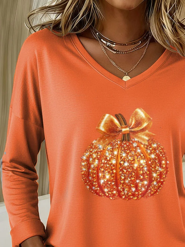 Women's Long Sleeve T-shirt Spring/Fall Orange Halloween (pumpkin) Printing Jersey V Neck Daily Going Out Casual Top