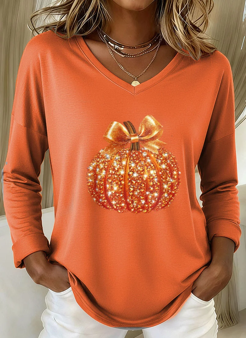 Women's Long Sleeve T-shirt Spring/Fall Orange Halloween (pumpkin) Printing Jersey V Neck Daily Going Out Casual Top