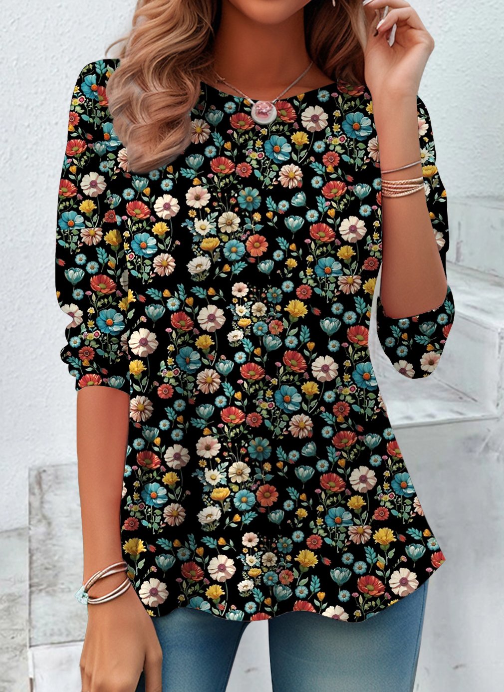 Casual Crew Neck Floral T-Shirt