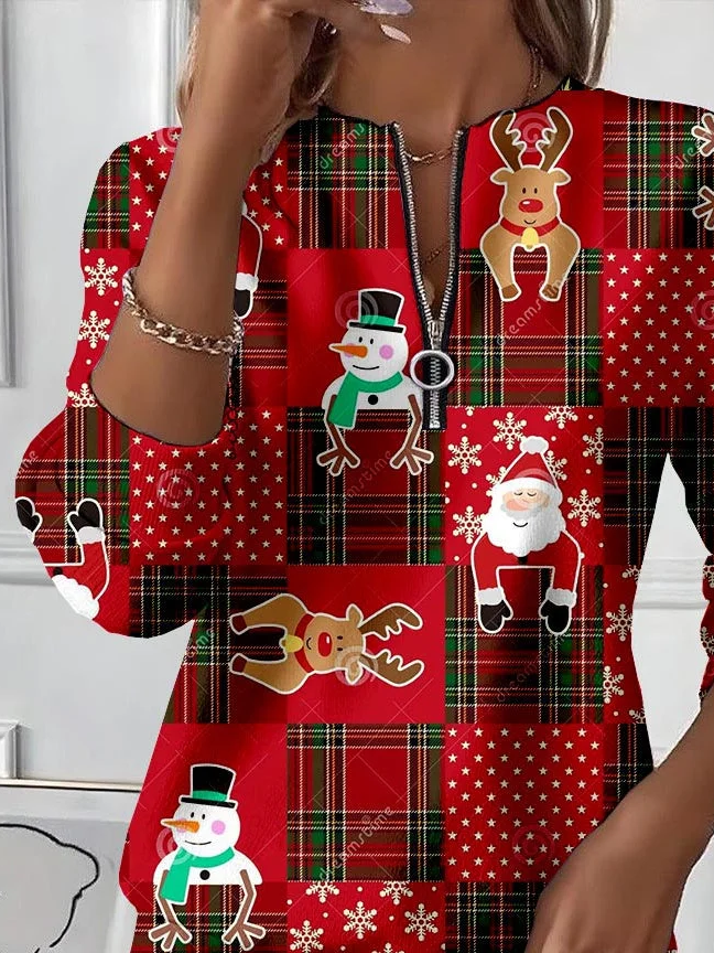 Women's Christmas Print Casual Zip-Up Long Sleeve Sweatshirt