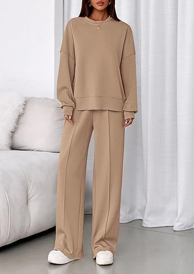 Plain Casual Crew Neck Two-Piece Set