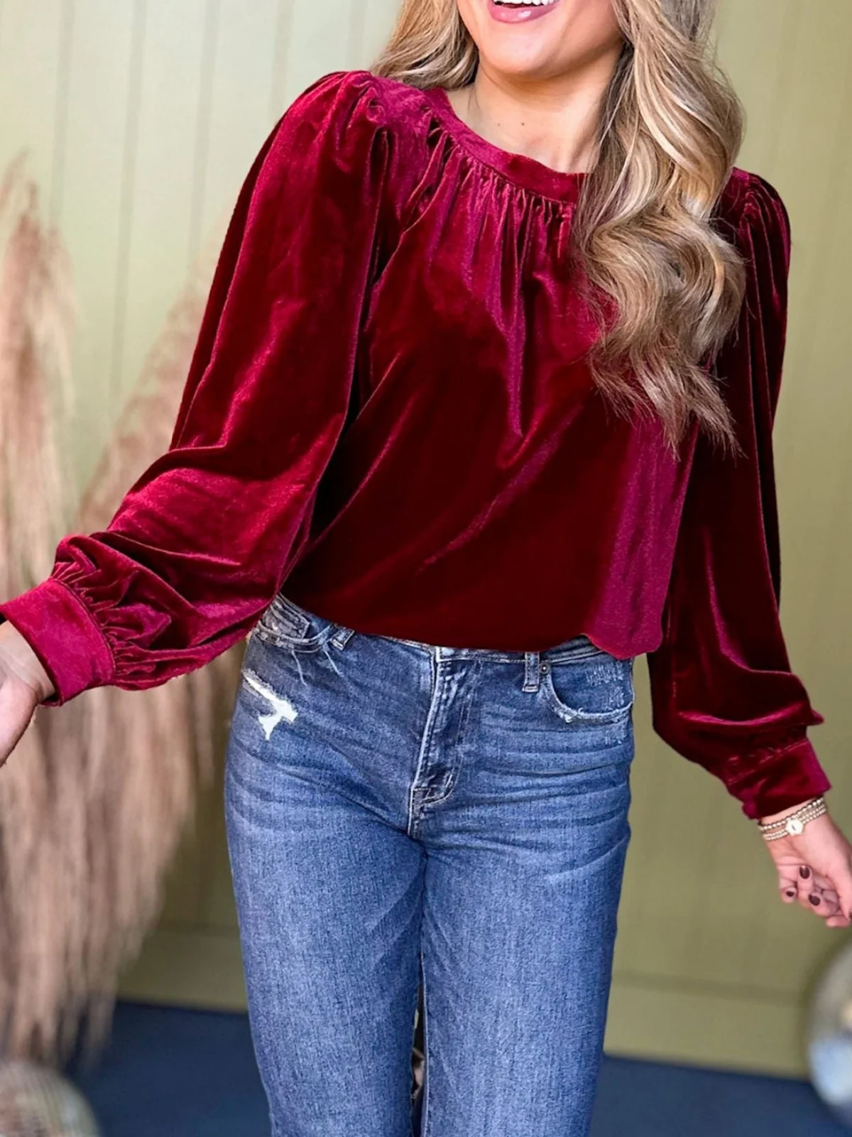Women's Long Sleeve Shirt Spring/Fall Red Plain Split Joint Crew Neck Puff Sleeve Daily Going Out Casual Top