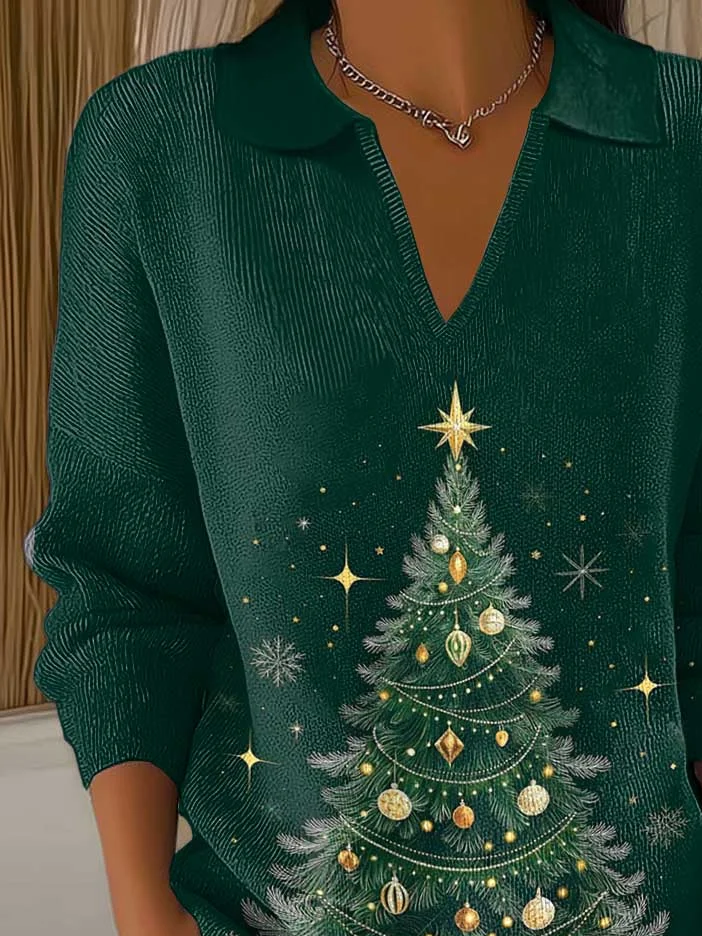 Women's Christmas Print Casual Lapel Sweater