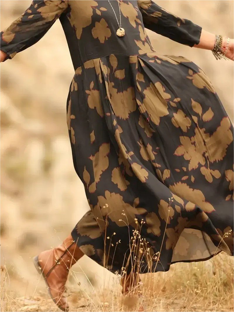 Crew Neck Loose Vintage Dress With No