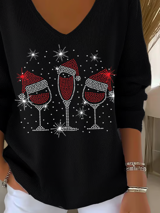 Women's Long Sleeve T-shirt Spring/Fall Black Christmas Printing V Neck Daily Going Out Casual Top