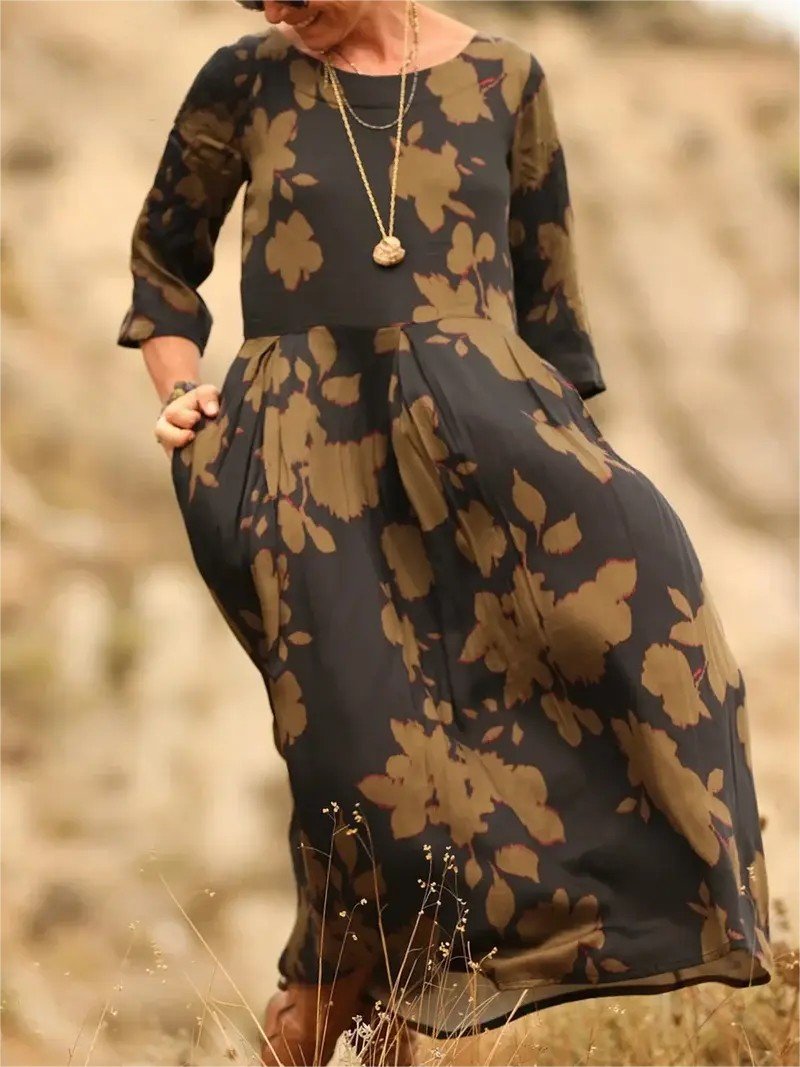 Crew Neck Loose Vintage Dress With No