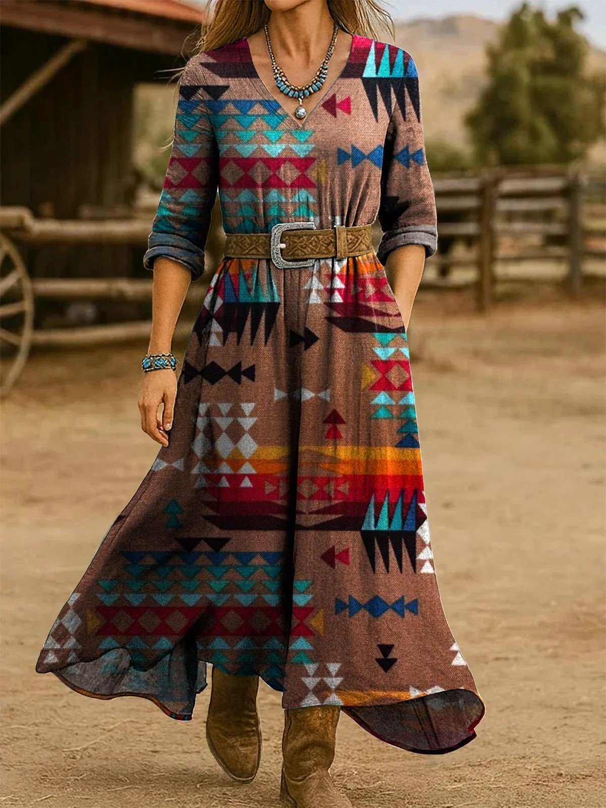 V Neck Ethnic Geometry Vintage Dress With No