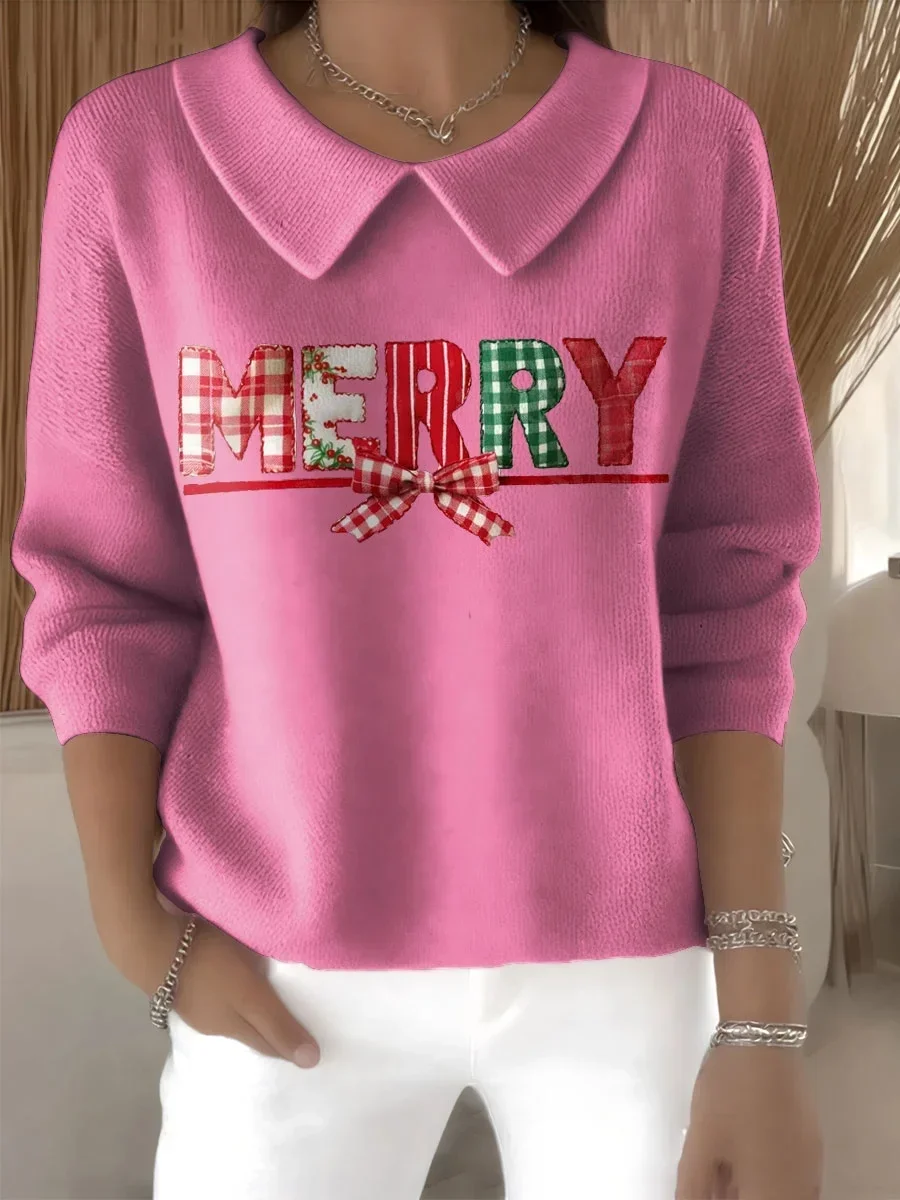 Women's Casual Christmas Print Lapel Classic Sweater
