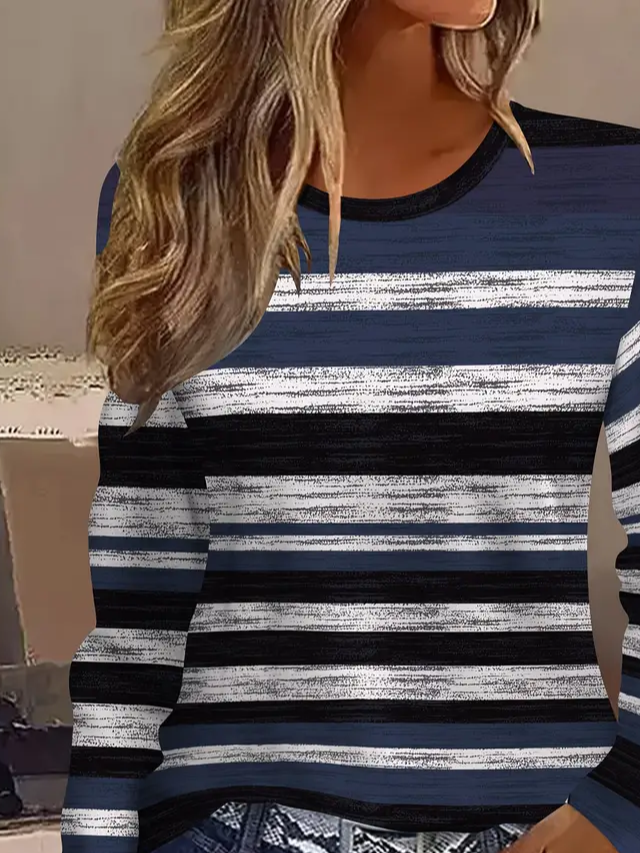 Women's Long Sleeve T-shirt Spring/Fall Blue Striped Printing Jersey Crew Neck Daily Going Out Casual Top