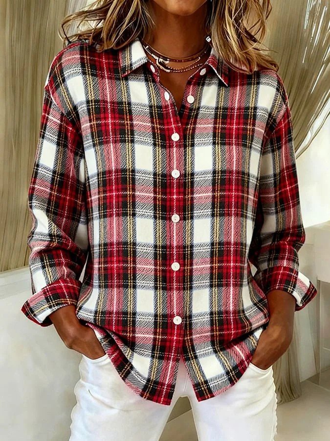 Vintage Shawl Collar Plaid Loose Shirt