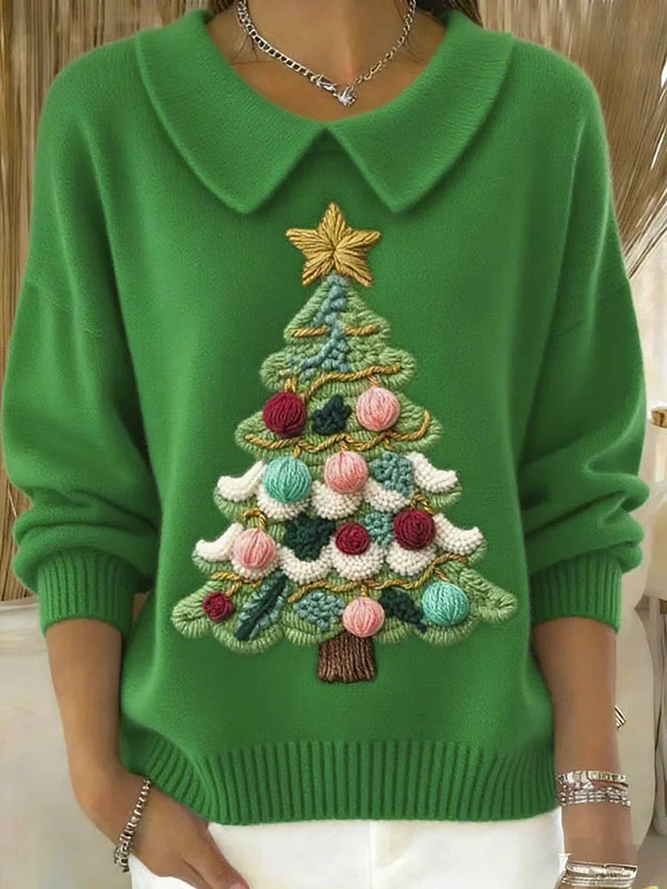 Women's Casual Christmas Print Lapel Classic Sweater