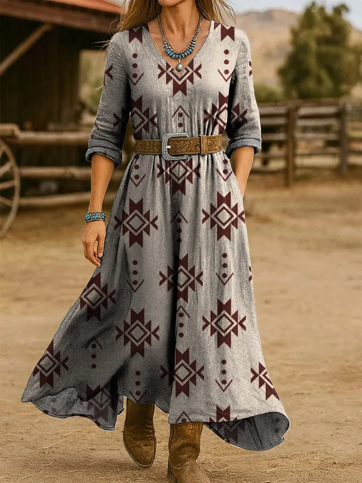 V Neck Ethnic Geometry Vintage Dress With No