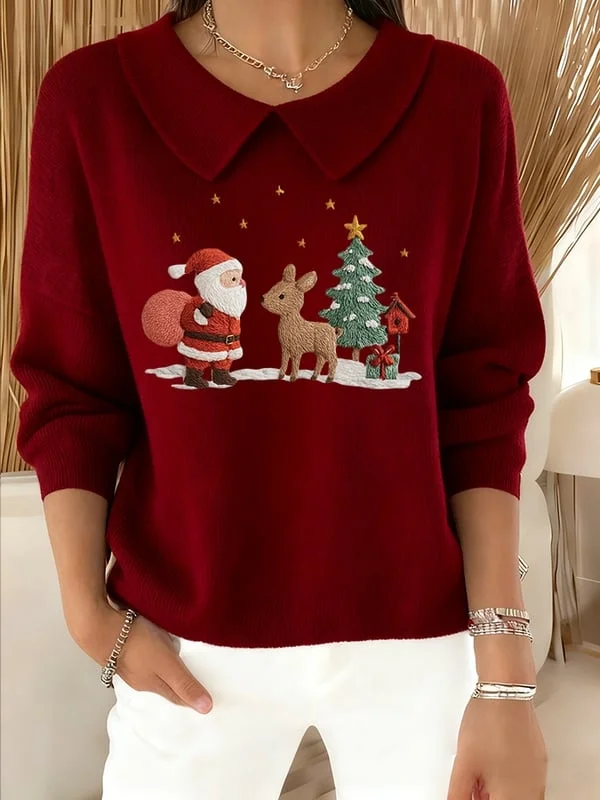 Women's Casual Christmas Print Lapel Classic Sweater