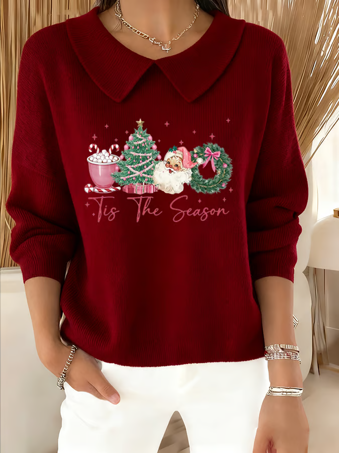 Women's Casual Christmas Print Lapel Classic Sweater