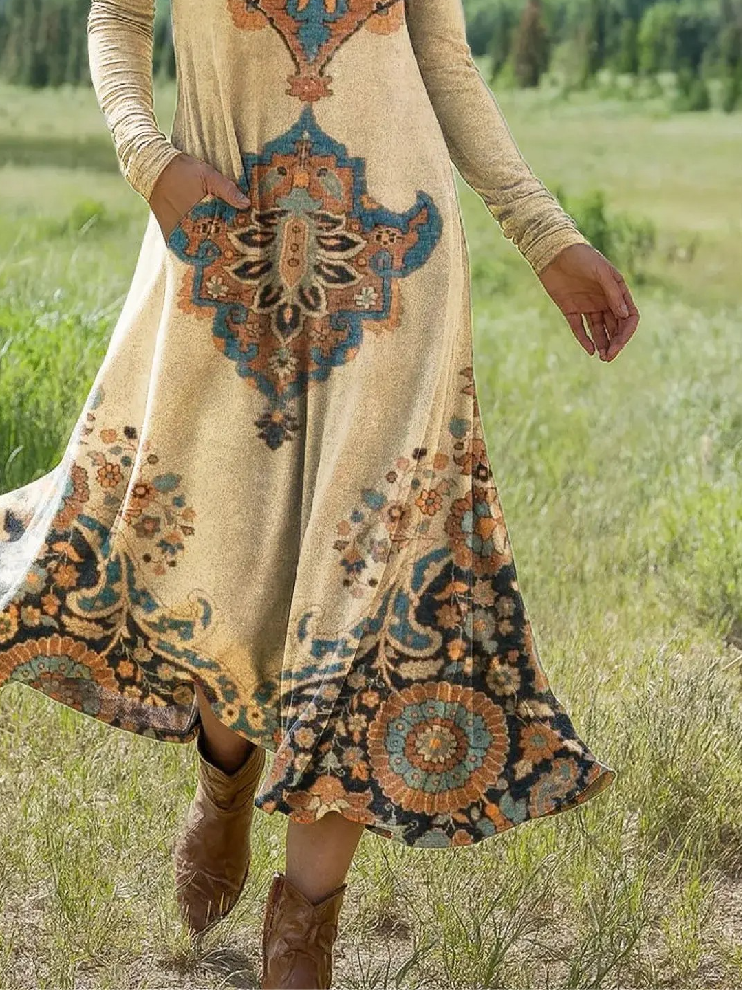 Geometric Ethnic Crew Neck Dress With No