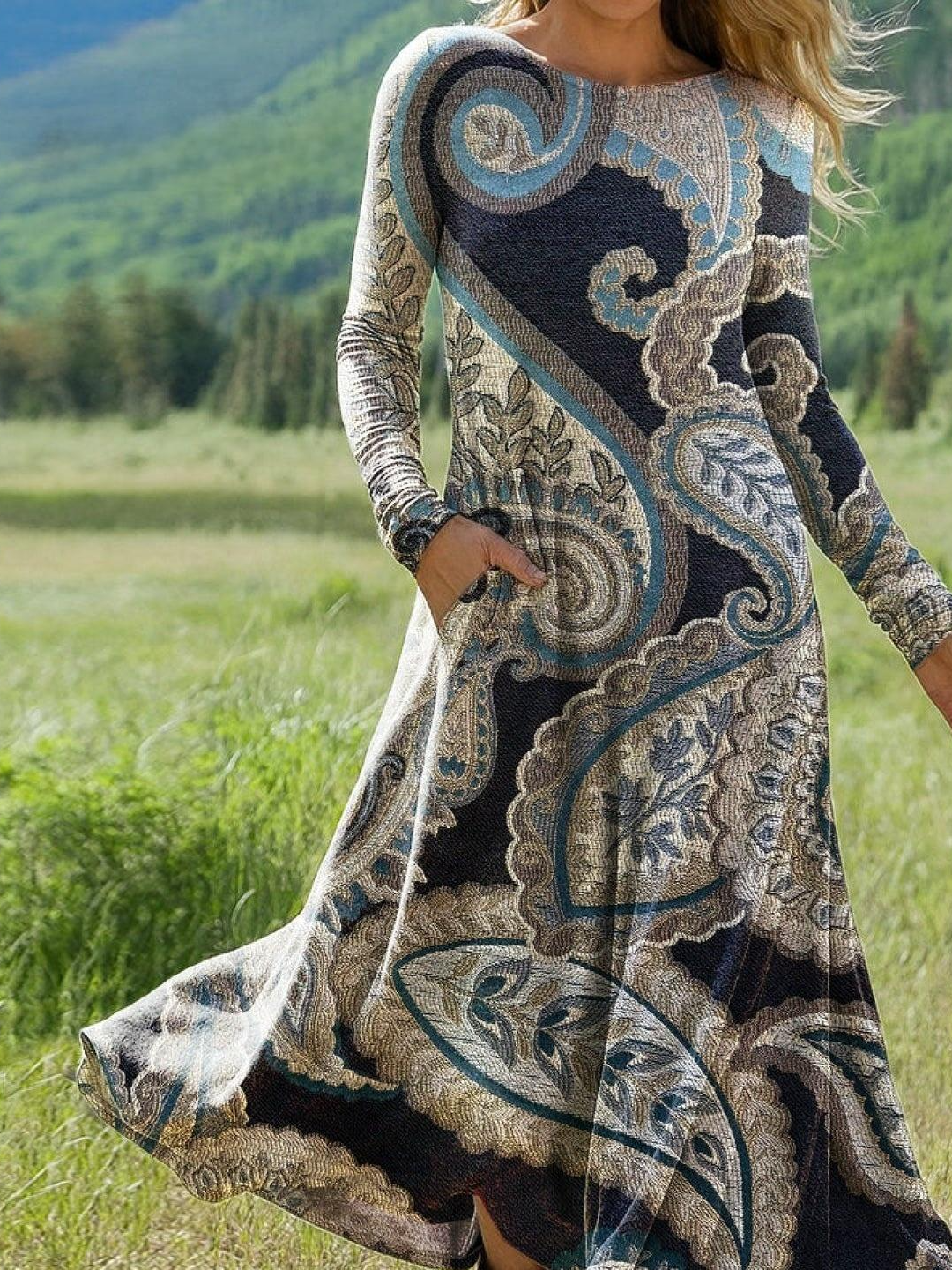 Boho Paisley Crew Neck Loose Dress With No