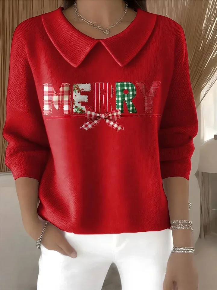 Women's Casual Christmas Print Lapel Classic Sweater