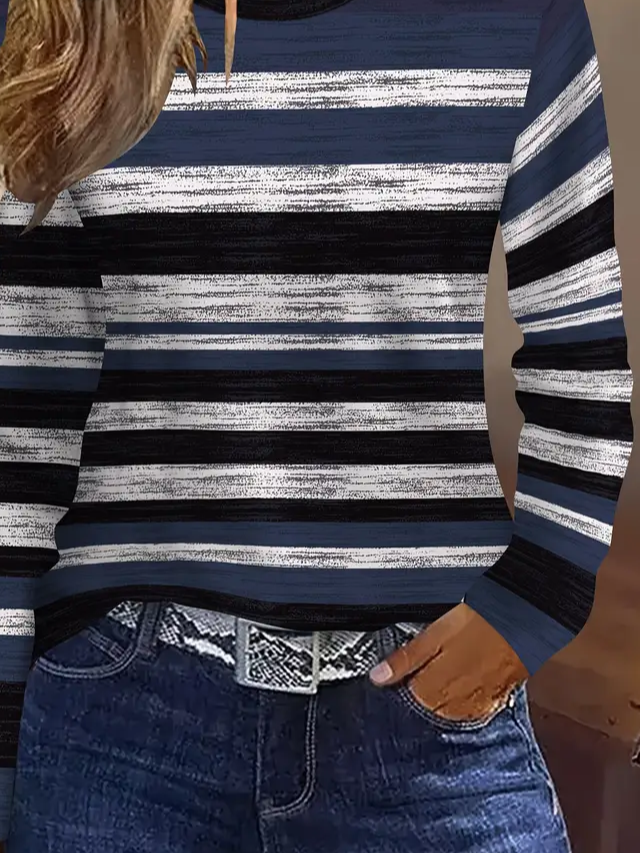 Women's Long Sleeve T-shirt Spring/Fall Blue Striped Printing Jersey Crew Neck Daily Going Out Casual Top