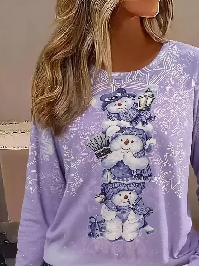 Women's Long Sleeve T-shirt Spring/Fall Purple Christmas Printing Jersey Crew Neck Daily Going Out Casual Top