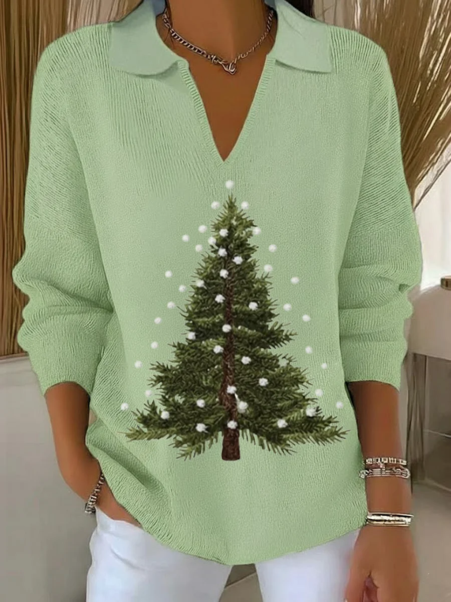Women's Christmas Print Casual Lapel Sweater