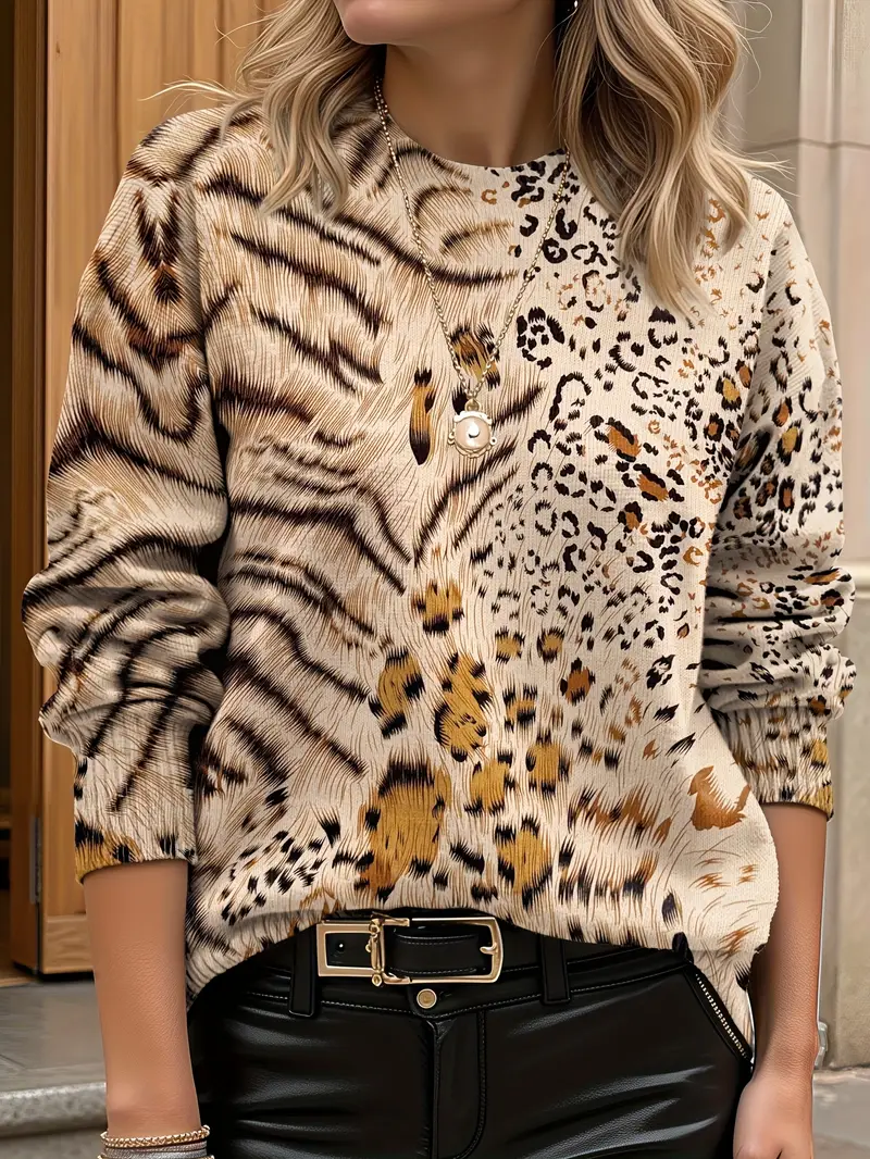 Leopard Crew Neck Printing Simple Sweater