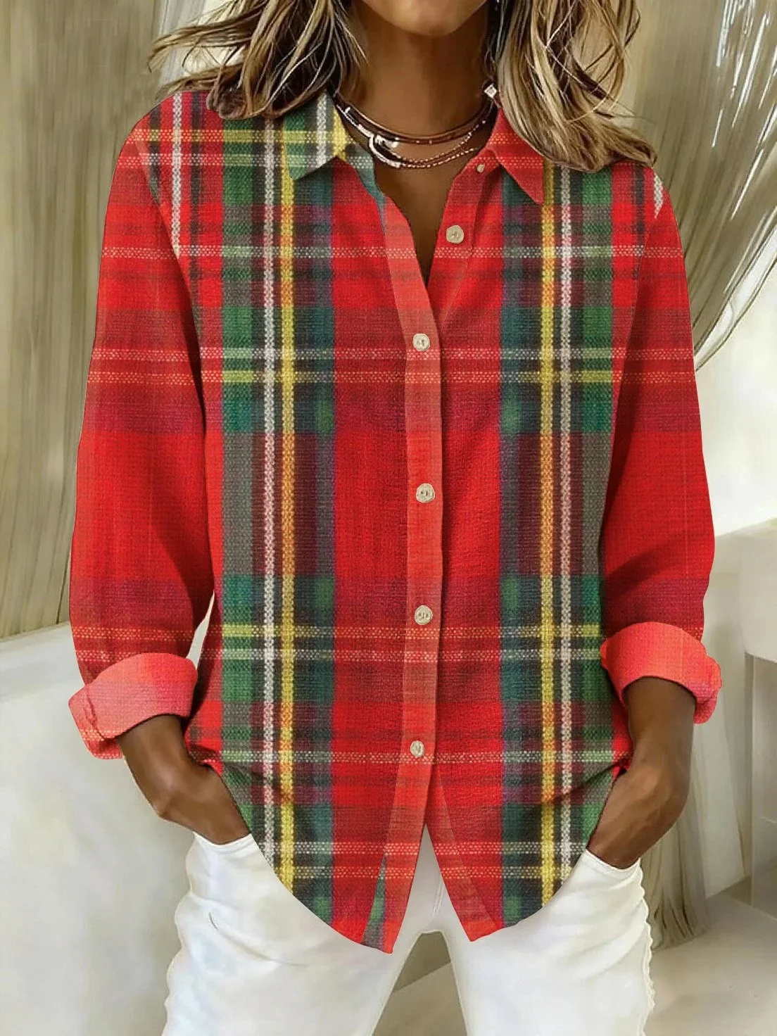 Vintage Shawl Collar Plaid Loose Shirt
