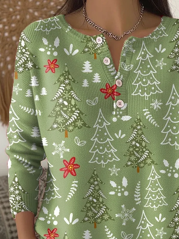 Women's Christmas Print Classic Casual Knit Button Sweater