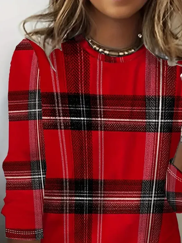 Women's Long Sleeve T-shirt Spring/Fall Red Plaid Printing Jersey Crew Neck Daily Going Out Casual Top