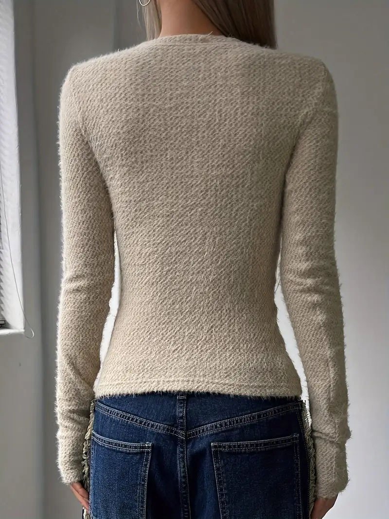 Women's Long Sleeve T-shirt Spring/Fall Khaki Plain Split Joint Crew Neck Daily Going Out Casual Top