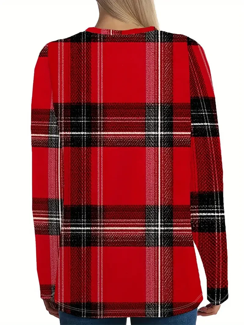 Women's Long Sleeve T-shirt Spring/Fall Red Plaid Printing Jersey Crew Neck Daily Going Out Casual Top