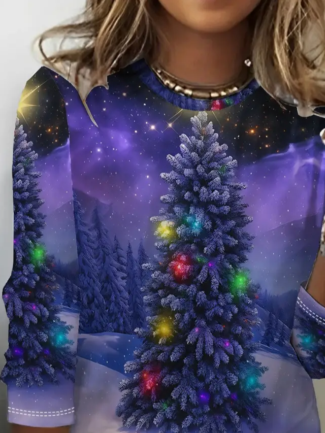 Women's Long Sleeve T-shirt Spring/Fall Purple Christmas Printing Jersey Crew Neck Daily Going Out Casual Top