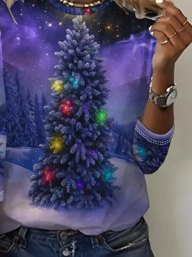 Women's Long Sleeve T-shirt Spring/Fall Purple Christmas Printing Jersey Crew Neck Daily Going Out Casual Top