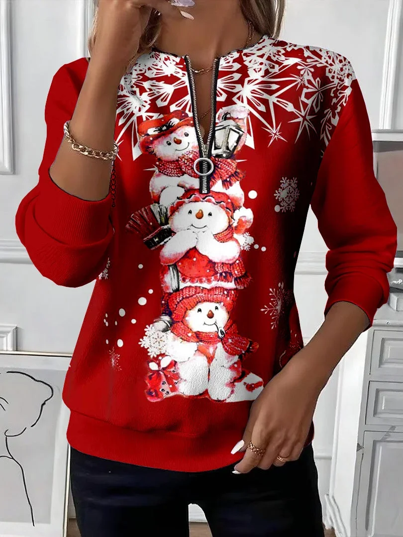 Women's Christmas Print Casual Zipper Long Sleeve Sweatshirt