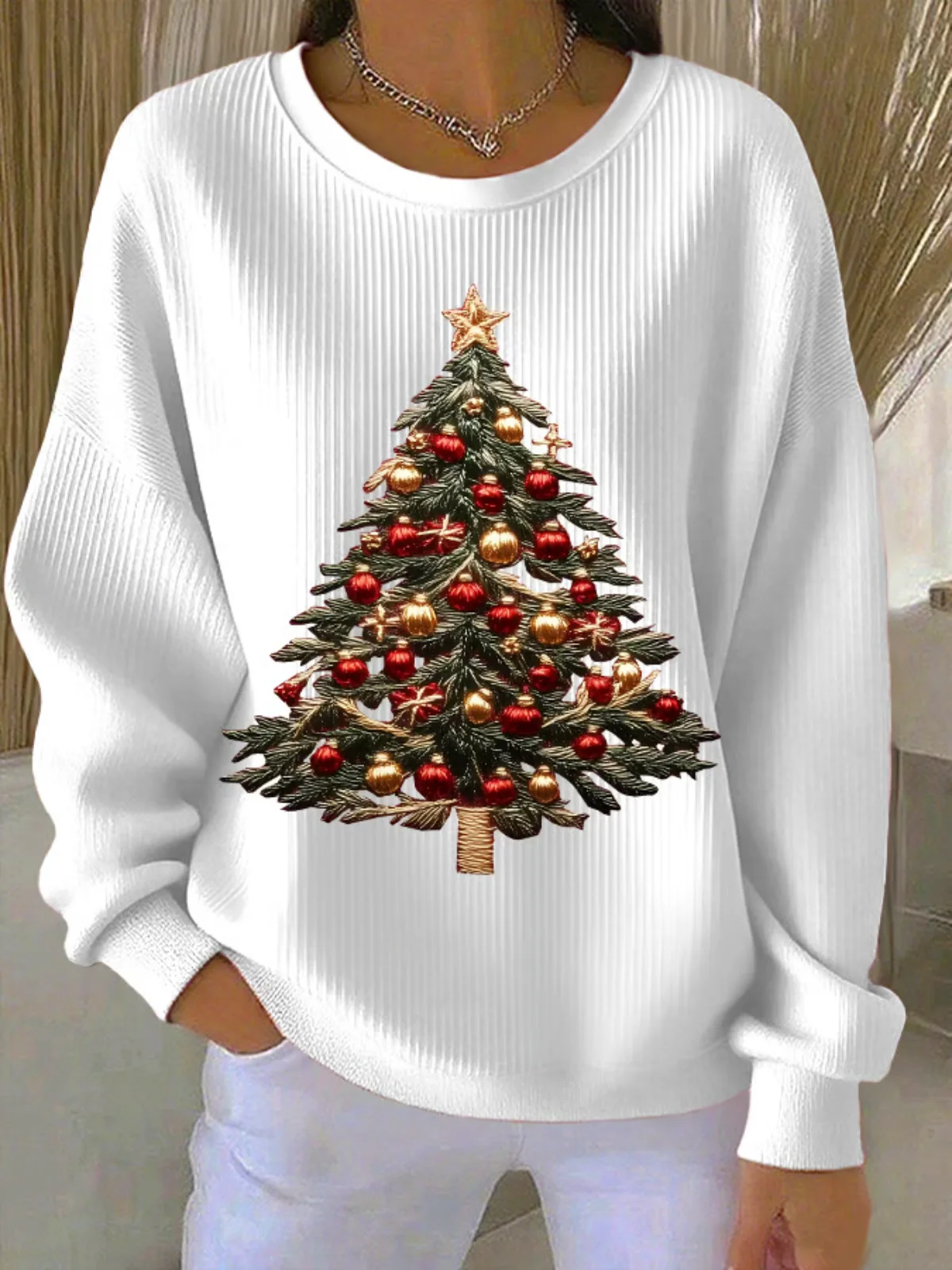 Cotton Christmas Tree Crew Neck Casual Sweatshirt