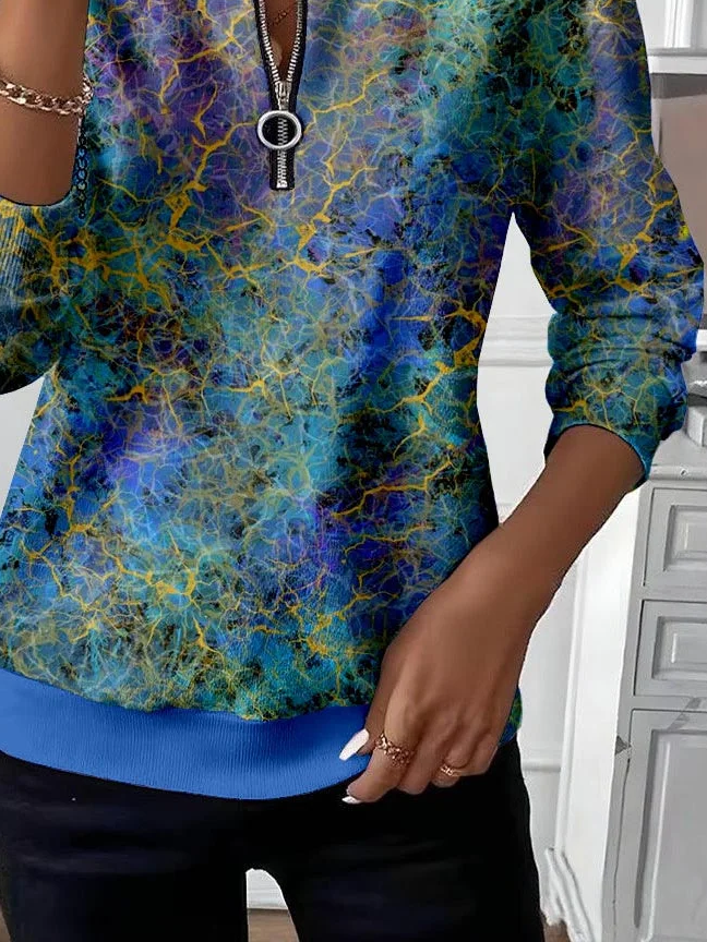 Women's Abstract Print Casual Zip-Up Long Sleeve Sweatshirt