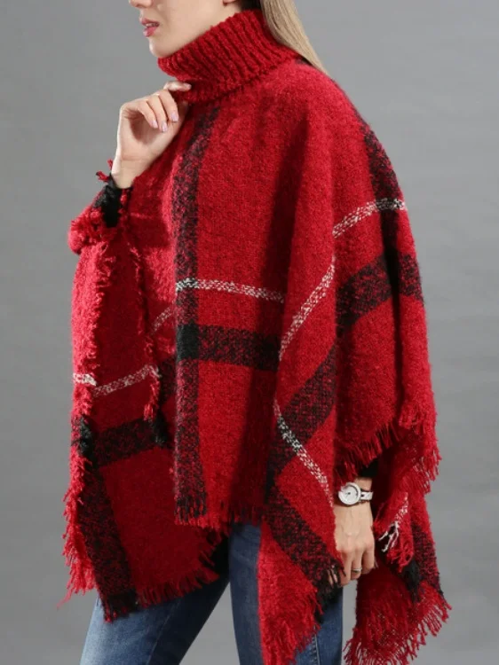 Casual Acrylic New High Collar Warm Large Size Loose Plain Shawl Cloak Plaid Warm Scarf Tassel One Size Cloak