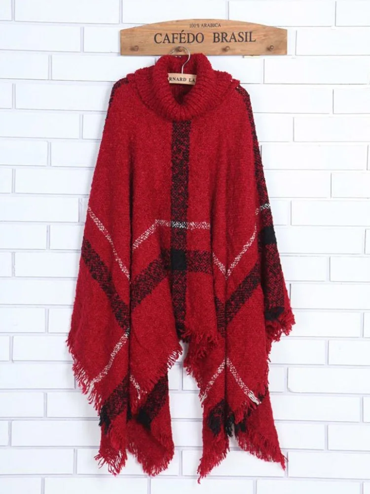 Casual Acrylic New High Collar Warm Large Size Loose Plain Shawl Cloak Plaid Warm Scarf Tassel One Size Cloak