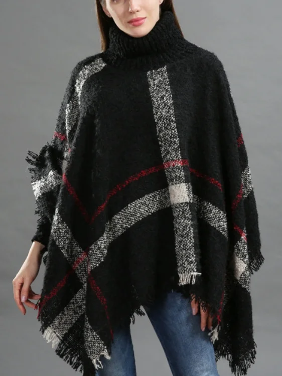 Casual Acrylic New High Collar Warm Large Size Loose Plain Shawl Cloak Plaid Warm Scarf Tassel One Size Cloak