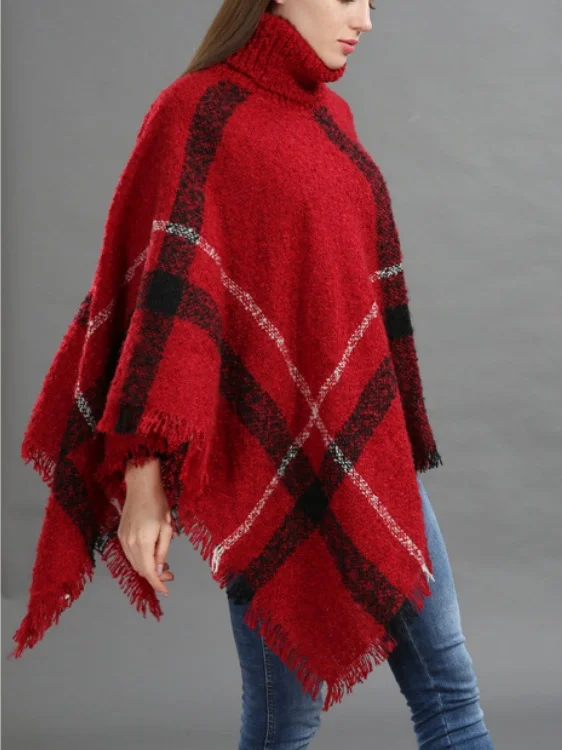 Casual Acrylic New High Collar Warm Large Size Loose Plain Shawl Cloak Plaid Warm Scarf Tassel One Size Cloak