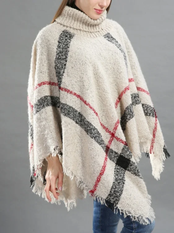 Casual Acrylic New High Collar Warm Large Size Loose Plain Shawl Cloak Plaid Warm Scarf Tassel One Size Cloak