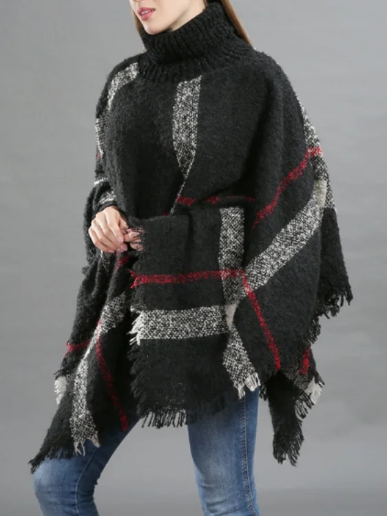 Casual Acrylic New High Collar Warm Large Size Loose Plain Shawl Cloak Plaid Warm Scarf Tassel One Size Cloak