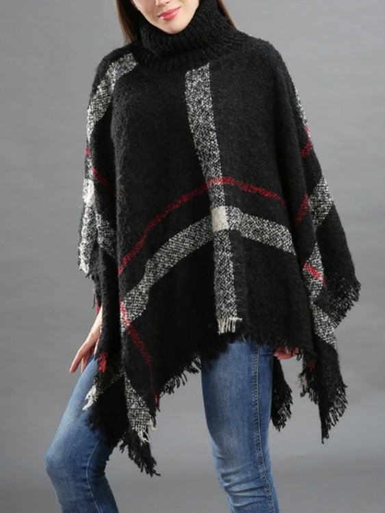 Casual Acrylic New High Collar Warm Large Size Loose Plain Shawl Cloak Plaid Warm Scarf Tassel One Size Cloak